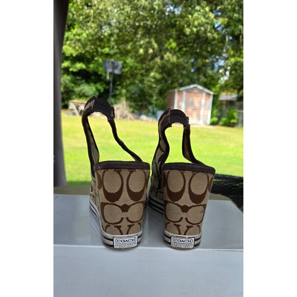 Coach Signature Open Toe Heels Sling Wedge Sydney Sandals Brown Pre-Owned 10M - Picture 3 of 5